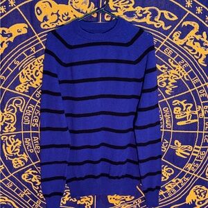 Express Men's Royal Blue and Black Striped Crewneck Sweater